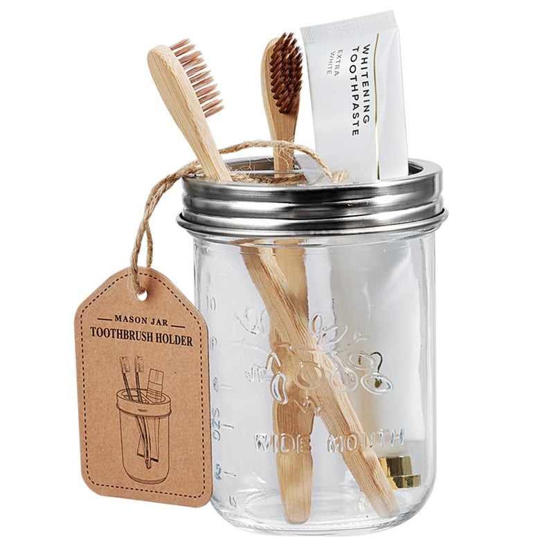 Amolliar Mason Jar Bathroom Accessories Set(4 Pack) - Lotion Soap Dispenser&Qtip Holder Set&Toothbrush Holder-Rustic Farmhouse Decor Apothecary Jar Bathroom Countertop,Vanity Organize (Brushed Nickel) - Image 4